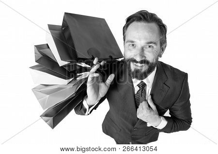 Handsome Man With Lot Shopping Bags Top View. Man In Suit Happy From Shopping Time And Presents For 
