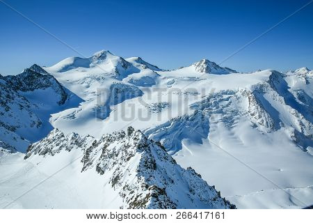 Winter Landscape - Panorama Of The Ski Resort With Ski Slopes. Alps. Austria. Pitztaler Gletscher. W