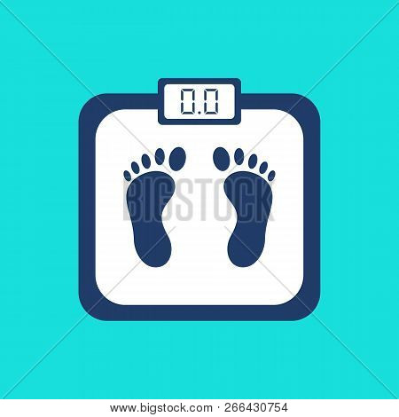 Weight Scale With Foot Print And Electronic Display Isolated On Blue Background. Bathroom Scales Ico