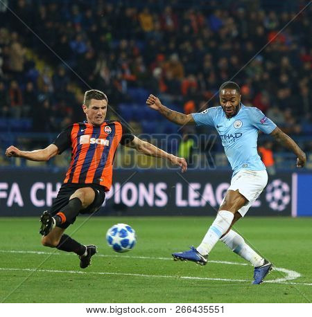 Kharkiv, Ukraine - October 23, 2018: Raheem Sterling Of Manchester City (r) Kicks A Ball During The 