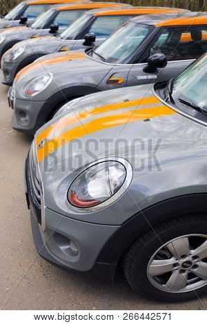 MOSCOW - APR 29, 2018: Five grey BMW mini cars of Moscow carsharing company You drive, carsharing is system of short-term car rental with per minute payment
