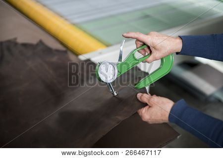 Woman Hands Use Leather Thickness Gauge On With A Natural Brown Leather. Preparing Of The Raw Materi