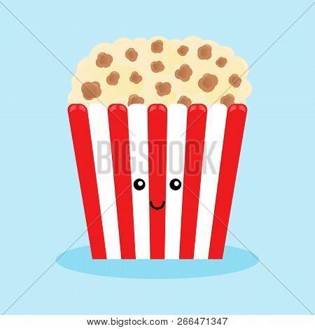 Cute Popcorn Character In A Red Box. Cinema Snack Vector Illustration