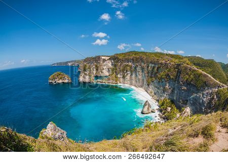 Amazing Aerial View Of A Atuh Beach With Cliff In Nusa Penida, Indonesia.