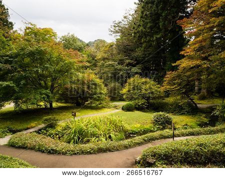 Nikko, Japan - October 23, 2016: Traditional Japanese Garden In Tamozawa Imperial Villa With Fall Le