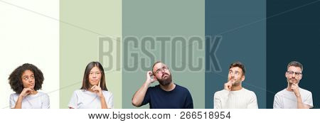 Collage of group of young people over colorful isolated background with hand on chin thinking about question, pensive expression. Smiling with thoughtful face. Doubt concept.
