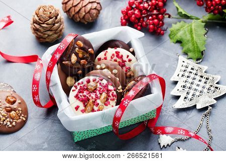 Luxury Handmade Chocolate Mediants, Cookies, Bites In A Gift Box. Traditional French Christmas Desse