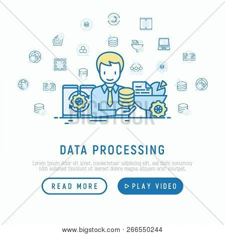 Data Processing Concept: Smm Manager Analyzes And Collects Data. Thin Line Icons: Filtering, Deep Le