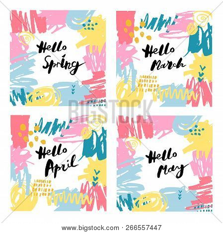 Handwritten Modern Lettering Hello Spring Set. Frame With Hand Drawn Stains. Vector Illustration. Te
