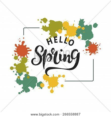 Handwritten Lettering Hello Spring Isolated On Background. Frame With Stains. Vector Illustration. T