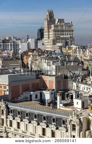 Madrid, Spain - January 24, 2018:  Amazing Panoramic View Of City Of Madrid From Circulo De Bellas A