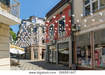 Kapana, Plovdiv, Bulgaria - July 5, 2018:  Street And Houses In District Kapana, City Of Plovdiv, Bu