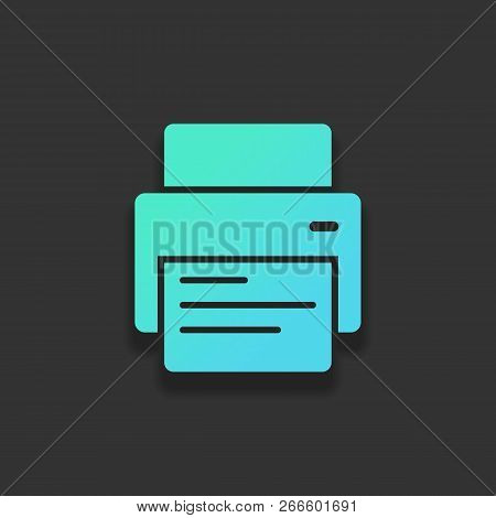 Printer And Paper. Colorful Logo Concept With Soft Shadow On Dark Background. Icon Color Of Azure Oc