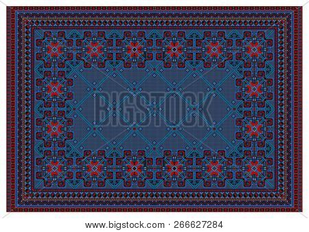Pattern For Old Oriental Carpet In Blue And Red Colors With Intersecting Bluish Stripes Run Down The