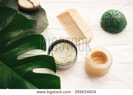 Zero Waste Concept. Natural Eco Friendly Solid Shampoo Bar, Wooden Brush,  Conditioner,soap, Konjaku