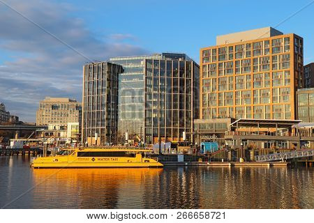 Washington, Dc - December 7 2017: Water Taxi At The Wharf, Buildings And Skyline At The Newly Redeve