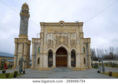 Gabala, Azerbaijan - January 03, 2018: The Facade Of A Modern Mosque On A Gloomy Winter Day