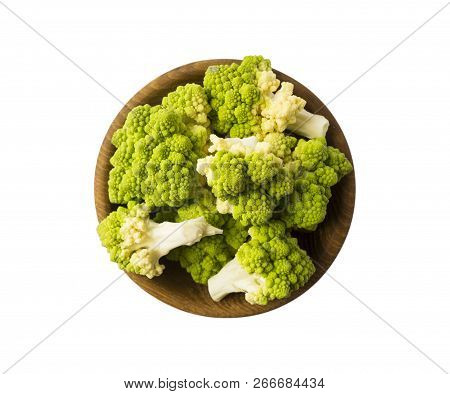 Top View. Roman Cauliflower On Wooden Bowl Isolated On White. Roman Cauliflower Close Up. Fractal Te