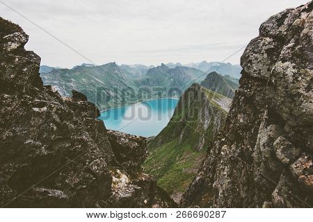 Mountains Over Fjord Landscape In Norway Aerial View Travel Vacations Scenic Senja Islands