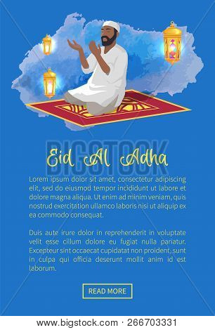 Eid Al Adha Web Page With Text Sample, Man Praying And Raising Hands Above Head, Sitting On Rug, Lan