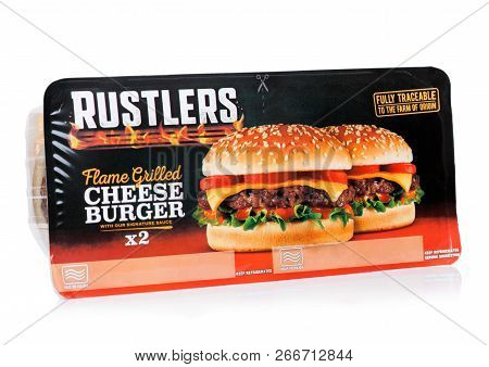 London, Uk - November 01, 2018: Pack Of Rustlers Flame Grilled Cheeseburger On White.