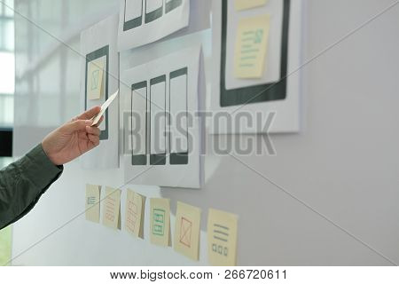 User Experience Ux Designer Designing Web On Mobile Phone Tablet Layout. Ui Planning Mobile Applicat