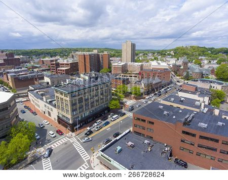 Malden City Aerial View On Centre Street In Downtown Malden, Massachusetts, Usa.