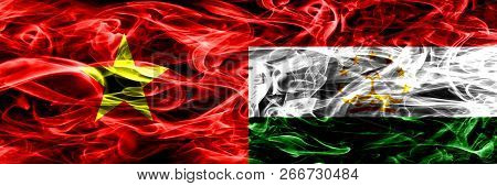 Socialist Republic Of Viet Nam Vs Tajikistan, Tajikistani Smoke Flags Placed Side By Side. Thick Col