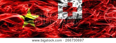 Socialist Republic Of Viet Nam Vs Tonga, Tongan Smoke Flags Placed Side By Side. Thick Colored Silky
