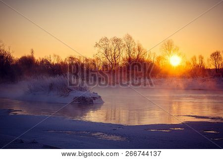 Dawn On The River Usva, Russia. Frosty Morning On The River, Winter. Snow On The Banks Of The River,