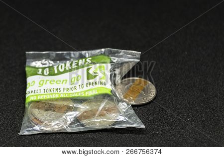 Babylon, New Yotk, Usa - 2 August 2018: An Open Bag Of Ten Subway Tokens From The Philadelphia Septa