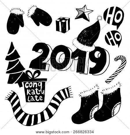 Happy New Year Typographic Emblems Set. Vector Logo, Text Design. Black And White. Usable For Banner