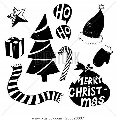 Happy New Year Typographic Emblems Set. Vector Logo, Text Design. Black And White. Usable For Banner