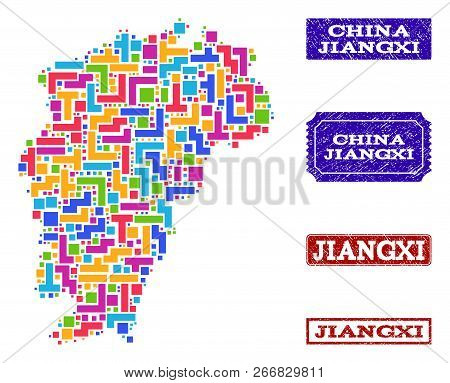 Mosaic Brick Style Map Of Jiangxi Province And Rubber Rectangle Seal Stamps. Vector Map Of Jiangxi P