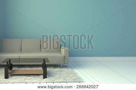 Living Room Interior With Gray Sofa And Carpet, Light Blue Wall Background. 3d Rendering