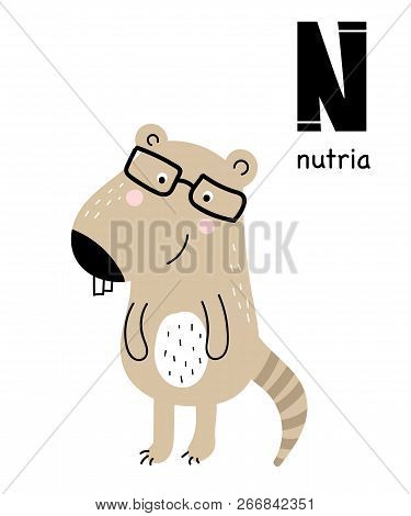 Vector Poster With Letter Of The Alphabet With Cartoon Nutria For Kids. Hand Drawn Graphic Zoo Font.