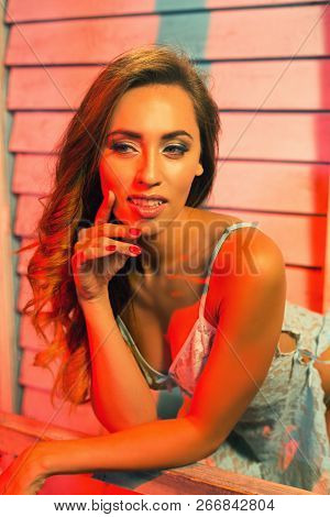 Beautiful Young Woman With A Long Brown Hair And Perfect Fit Body Barely Dressed In A Lace Chemise, 