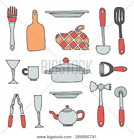 Kitchen Tools Collection In Vintage Style. Vector Illustration  Of An Old Handdraw Cooking Things.
