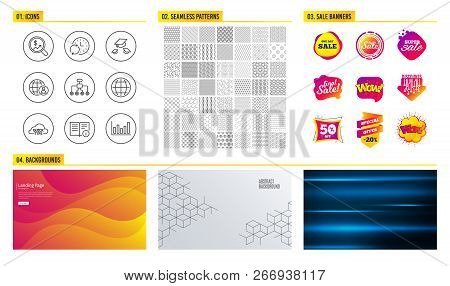 Seamless Pattern. Shopping Mall Banners. Set Of Technical Info, Throw Hats And Update Time Icons. In