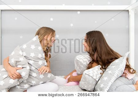 Sleepover Time For Pillow Fight. Girls Sleepover Party Ideas. Soulmates Girls Having Fun Sleepover P