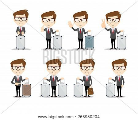Set Of Businessman In Different Poses With A Suitcase . Full Length, Front View Against White Backgr