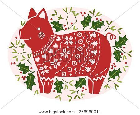 Christmas Stylized Image Of A Pig With A Decorating Ornament In The Green Of Mistletoe And Holly