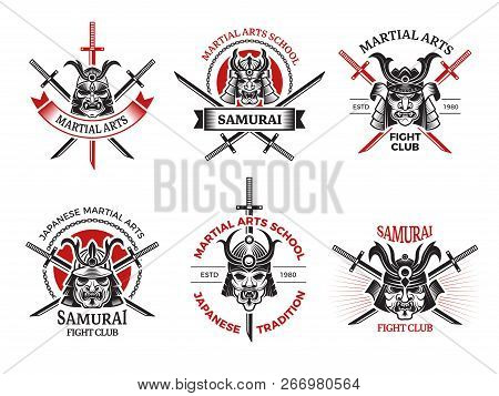 Samurai Mask Labels. Japan Angry Faces For Warrior Armor Vector Labels Tattoo Logo Design Projects. 