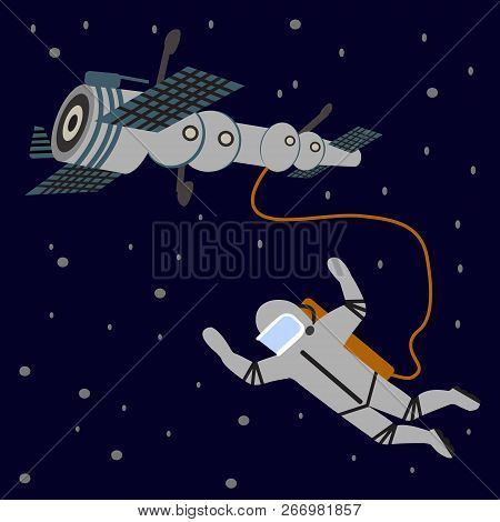Astronaut In Space. Spaceship. Stars. Dark Background Vector Illustration Flat