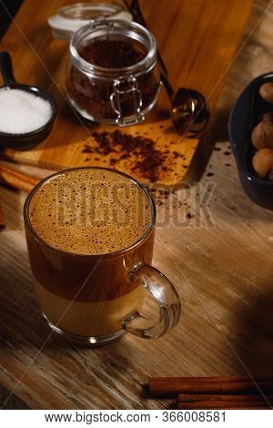 Dalgona Coffee - The Korean Coffee Drink On Wooden Background. Instant Coffee Or Espresso Powder Whi