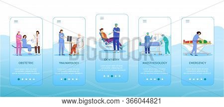 Medicine And Healthcare Onboarding Mobile App Screen Template. Obstetric, Traumatology, Dentistry, A