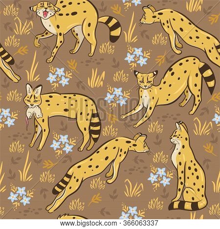 Seamless Pattern With Servals In The Savannah. Vector Image.