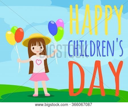 Happy Children\'s Day Background, Cute Girl With Balloons Vector Illustration.