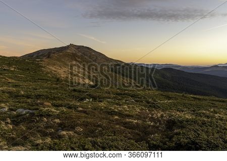 Climbing A High Mountain. View Of The Mountain At Sunset. Beautiful Sunset In The Mountains. Beautif
