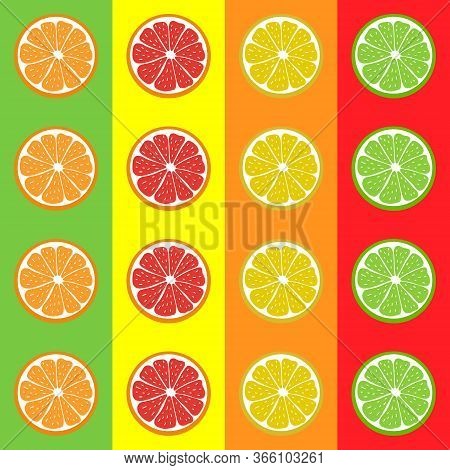 Pattern Seamless Of Juicy Citrus Fruit. Lemon, Orange, Grapefruit, Lime. Colorful Elements On Multic